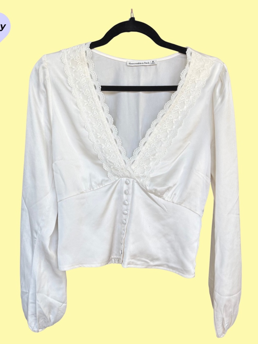 Abercrombie & Fitch Satin Cream Lace-Trim V-Neck Blouse Size M